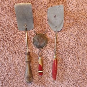 3 Vintage wooden red handle kitchen utensils